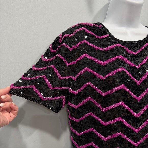 VTG 80s Glam Joan Leslie Black Silk Pink Chevron Sequin Dress Cocktail Size S? - Picture 5 of 15